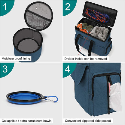Dog Travel Bag with 2 Food Bags, 2 Bowls and 1 Mat (Blue) | Roomy Main Compartment | Multiple Functional Pockets | Water-Resistant Oxford Fabric | PVC Backing | Leak-Resistant Lining