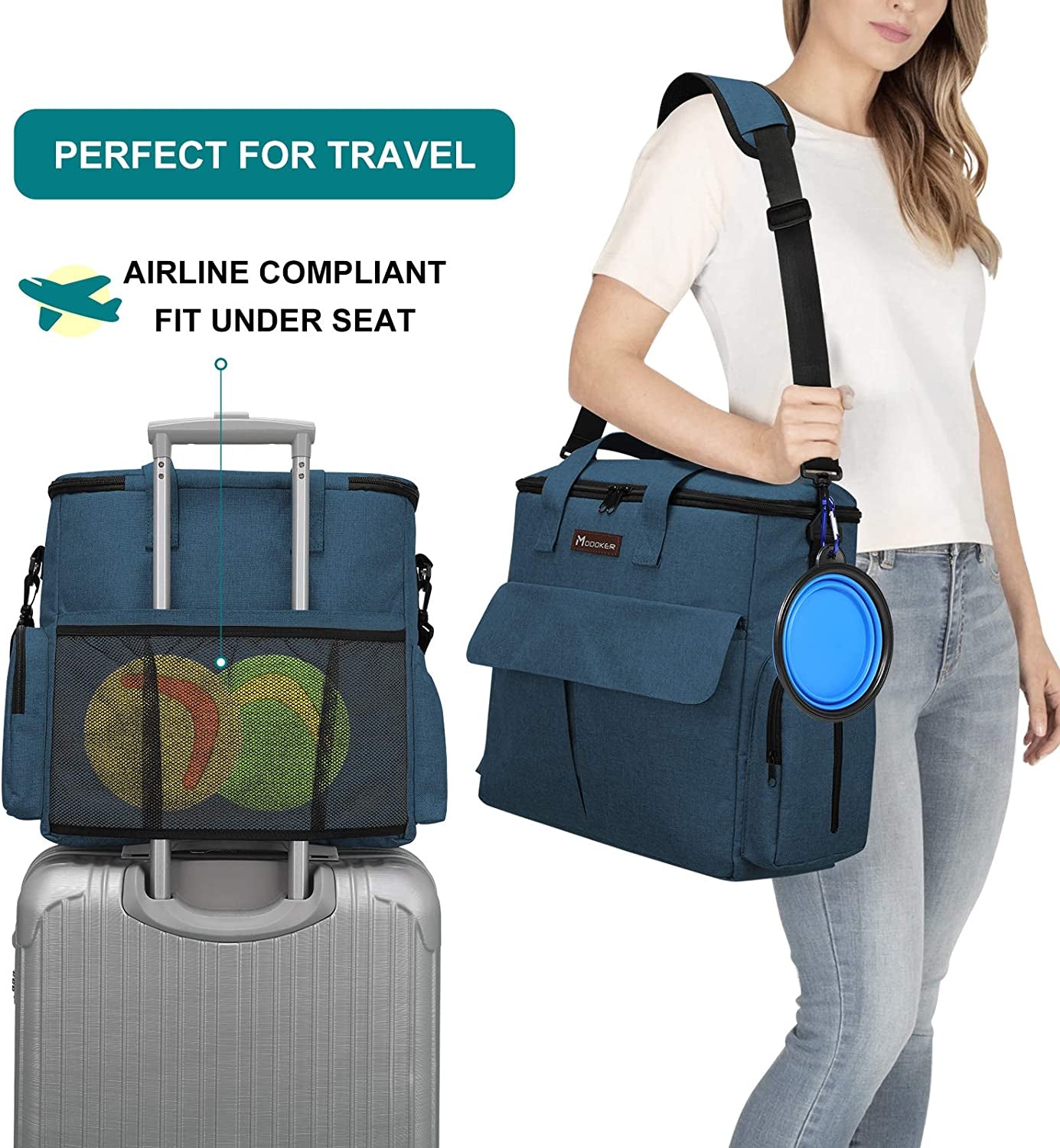 Dog Travel Bag with 2 Food Bags, 2 Bowls and 1 Mat (Blue) | Roomy Main Compartment | Multiple Functional Pockets | Water-Resistant Oxford Fabric | PVC Backing | Leak-Resistant Lining