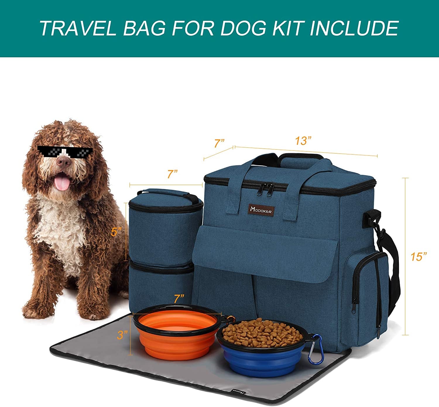 Dog Travel Bag with 2 Food Bags, 2 Bowls and 1 Mat (Blue) | Roomy Main Compartment | Multiple Functional Pockets | Water-Resistant Oxford Fabric | PVC Backing | Leak-Resistant Lining