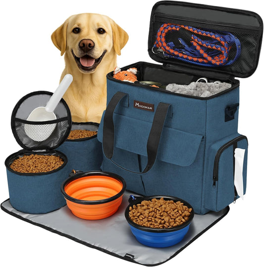 Dog Travel Bag with 2 Food Bags, 2 Bowls and 1 Mat (Blue) | Roomy Main Compartment | Multiple Functional Pockets | Water-Resistant Oxford Fabric | PVC Backing | Leak-Resistant Lining